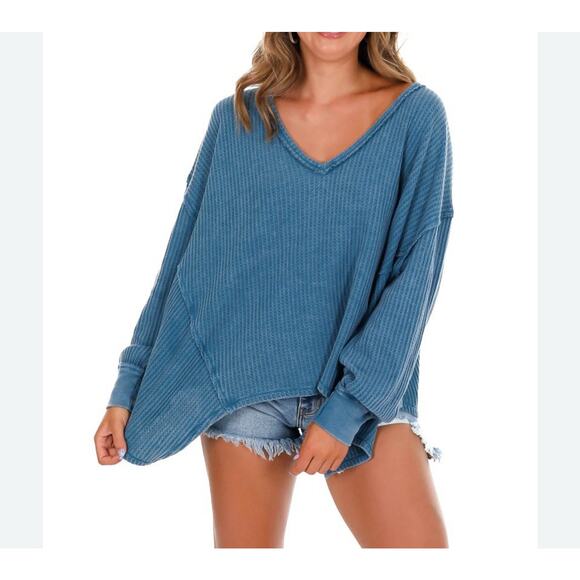 Free People We The Free Coraline Blue Thermal Oversized Pullover Size XS Boho - Picture 1 of 11